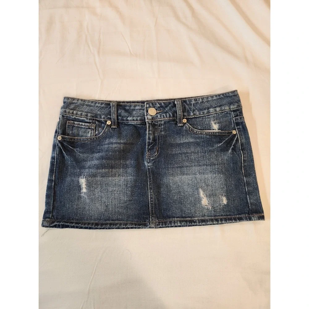 Women's Blue Distress Denim Micro Mini Skirt Size 11 Casual Y2K Grunge W34